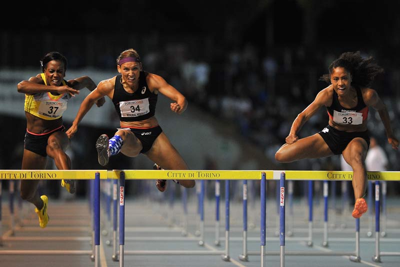 Hurdlers Tiffany Porter, Lolo Jones, Queen Harrison