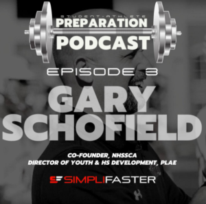A black and white podcast cover for Student-Athlete Preparation Podcast featuring Episode 3 with Gary Schofield. Included text mentions his roles and the sponsor, SimpliFaster. Background shows a blurred figure with gym equipment motifs.