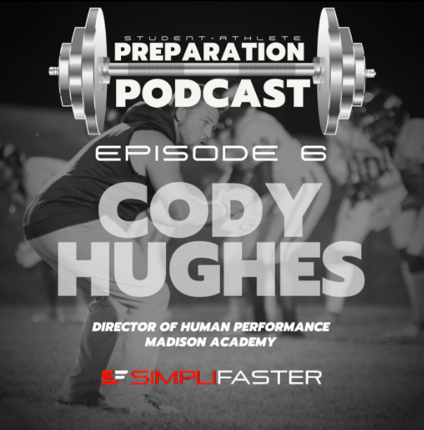 Black and white image promoting Student-Athlete Preparation Podcast Episode 6 featuring Cody Hughes, Director of Human Performance at Madison Academy, with SimpliFaster logo.