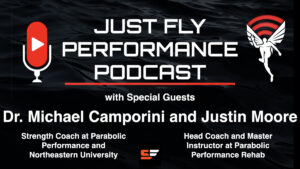 Promotional image for the Just Fly Performance Podcast featuring special guests Dr. Michael Camporini and Justin Moore. The text highlights their roles at Parabolic Performance and Rehabilitation, and a microphone and winged shoe logo are included.