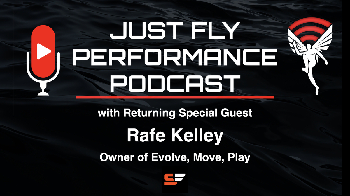 Graphic for Just Fly Performance Podcast featuring a microphone and a winged figure. Text reads: with Returning Special Guest Rafe Kelley, Owner of Evolve, Move, Play. Black background with white and red accents.