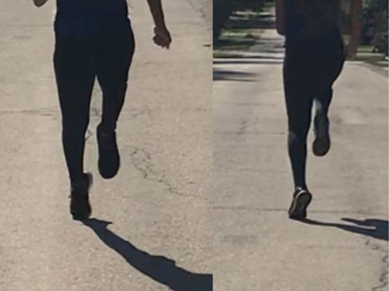 Two side-by-side images of a person running on a paved road, shown from behind. The person is wearing dark clothing and running shoes. The shadows are visible on the pavement, and the images capture motion at slightly different moments.