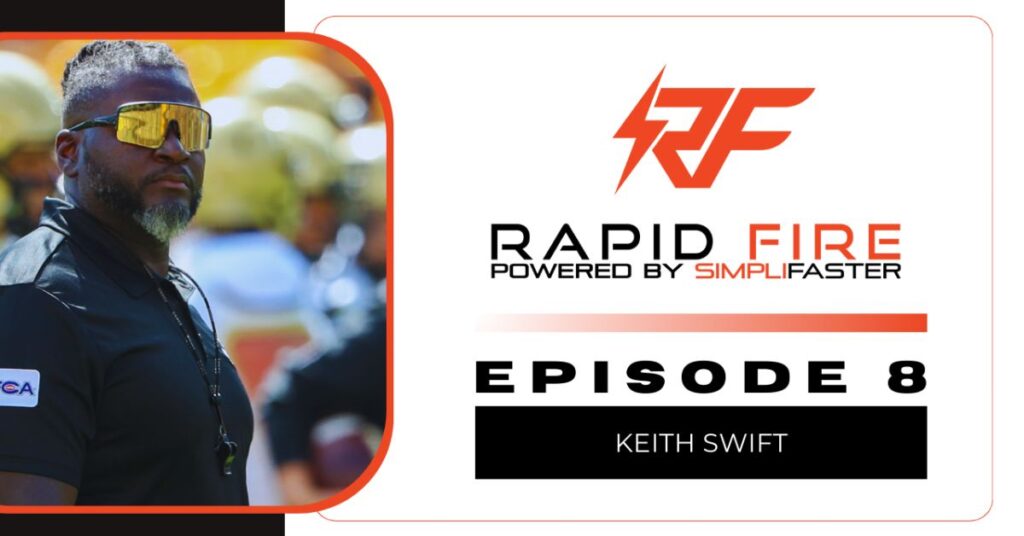 A man wearing sunglasses and a black polo stands outside. Text reads, Rapid Fire Powered by SimpliFaster, Episode 8, Keith Swift, with a stylized RF logo above.
