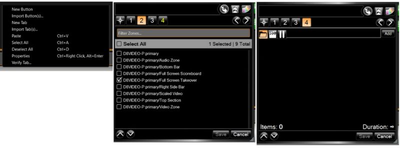 Screenshot of a software interface with three tabs. The left pane shows menu options and file operations. The center pane displays a list of directories with checkboxes. The right pane shows a smaller directory view with selected items highlighted.