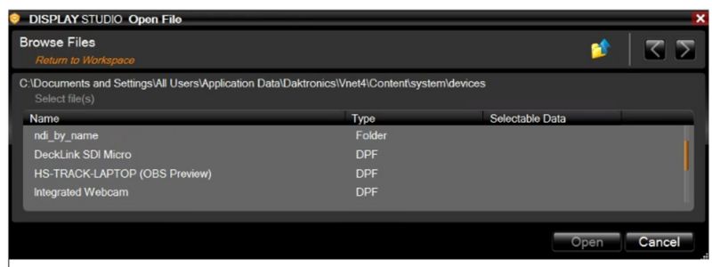 Screenshot of a DISPLAY.STUDIO file browser showing a directory path and four items: a folder named nd_by_name and three DPF files named DeckLink SDI Micro, HS-TRACK-LAPTOP (OBS Preview), and Integrated Webcam. Options are Cancel and Open.
