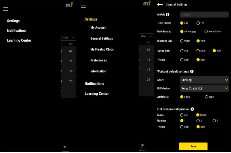 Split-screen image showing two settings menus on a black background. The left menu lists options: Settings, Notifications, Learning Center. The right menu includes General Settings like time format, date format, units, and theme options, with a Save button.