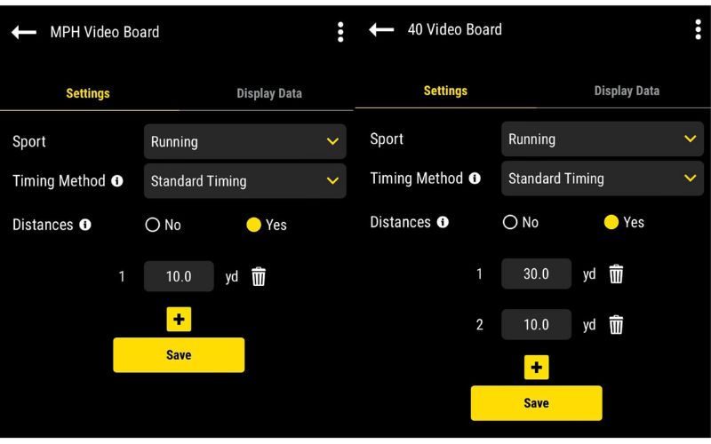 Screenshot of an app interface with sections MPH Video Board and 40 Video Board. It displays options for setting Sport, Timing Method, and Distances. Selections include Running, Standard Timing, and distance values. Save buttons are present.