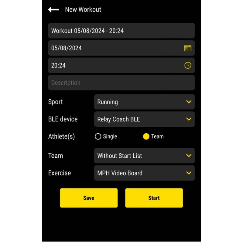 A smartphone screen displays a workout app with fields for workout date, time, sport, BLE device, athlete selection, team choice, and exercise type. Options include Running, Relay Coach BLE, Single or Team, Without Start List, and MPH Video Board.