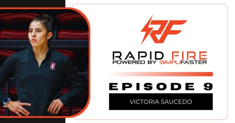 A woman in athletic wear stands with hands on hips. Text on the image: Rapid Fire Powered by SimpliFaster Episode 9 Victoria Saucedo.