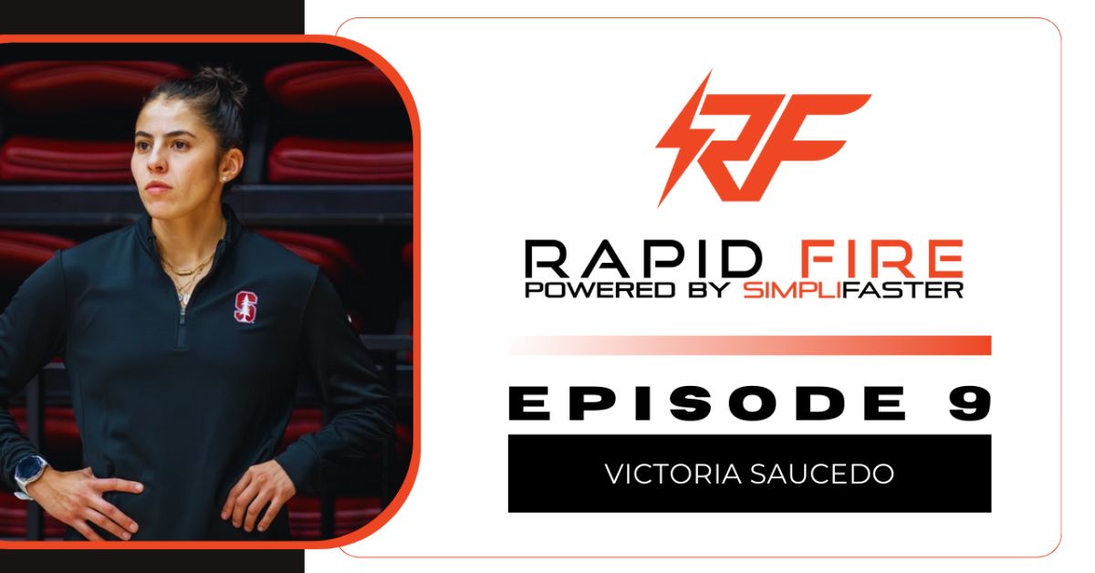 A woman in athletic wear stands with hands on hips. Text on the image: Rapid Fire Powered by SimpliFaster Episode 9 Victoria Saucedo.