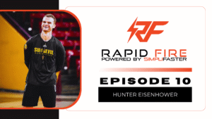 Athlete in a black Sun Devil shirt smiles, standing on a basketball court. Next to him is a Rapid Fire Powered by SimpliFaster banner for Episode 10 featuring Hunter Eisenhower. The design includes a stylized RF logo.