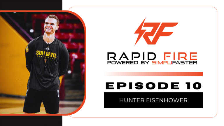 Athlete in a black Sun Devil shirt smiles, standing on a basketball court. Next to him is a Rapid Fire Powered by SimpliFaster banner for Episode 10 featuring Hunter Eisenhower. The design includes a stylized RF logo.