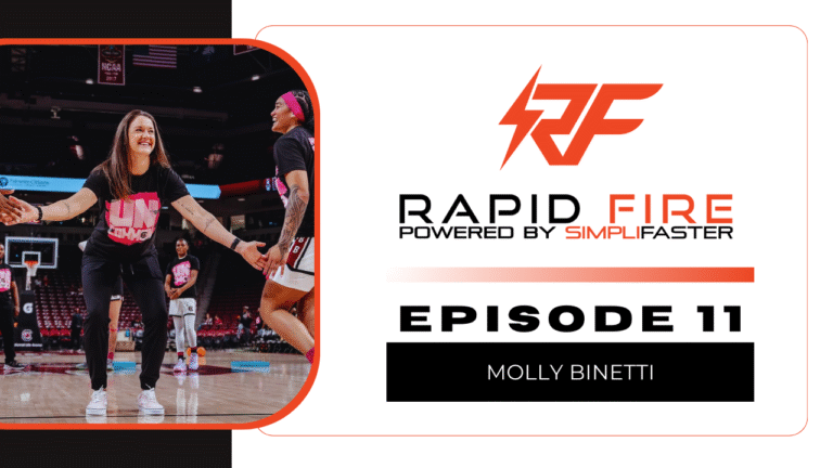 A woman in a sports arena gives a high-five to a person in athletic wear. The graphic on the right reads Rapid Fire Powered by SimpliFaster, Episode 11, Molly Binetti with an RF logo above.