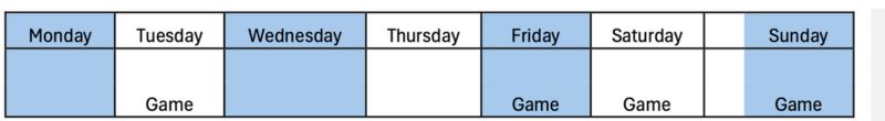 A weekly schedule with columns for each day; the word Game appears on Tuesday, Friday, Saturday, and Sunday. Tuesday, Friday, Saturday, and Sunday columns are shaded blue.