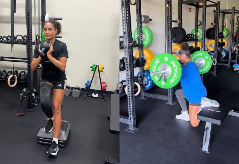 Split image: Left—woman with a prosthetic leg holds a kettlebell while stepping up on a platform. Right—same woman uses a bench and barbell to perform a single-leg squat in a gym.