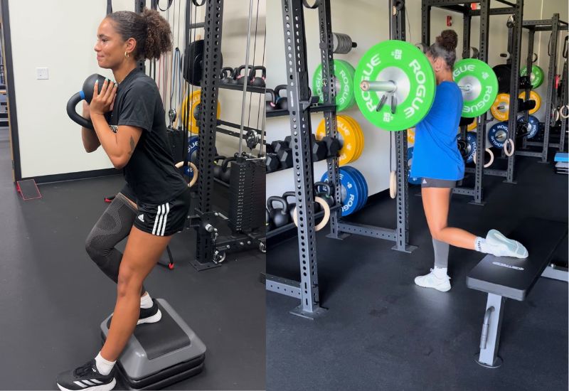 Two women perform strength exercises in a gym: one does a goblet squat on a platform with a kettlebell; the other does a barbell split squat, with her rear foot elevated on a bench.