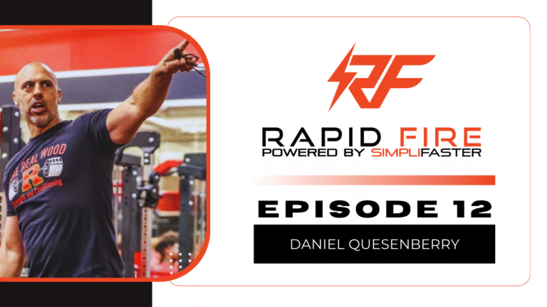 A muscular man with a beard in a gym points. The text beside him reads Rapid Fire Powered by SimpliFaster, Episode 12, Daniel Quesenberry. A red and black RF logo is above the text.