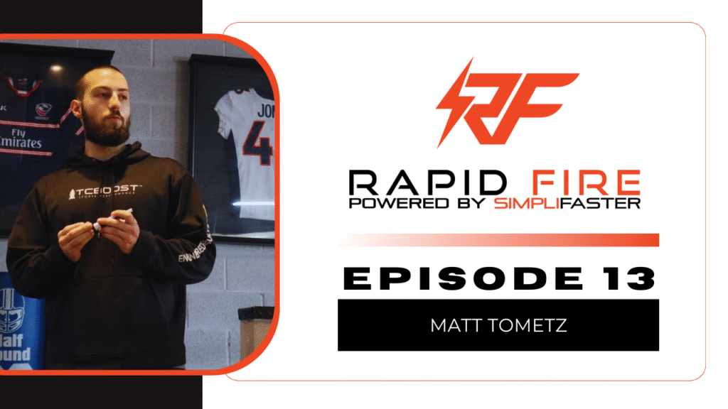 A man stands holding a marker in front of sports jerseys. To the right, the Rapid Fire Powered by SimpliFaster logo appears above the text Episode 13 Matt Tometz.
