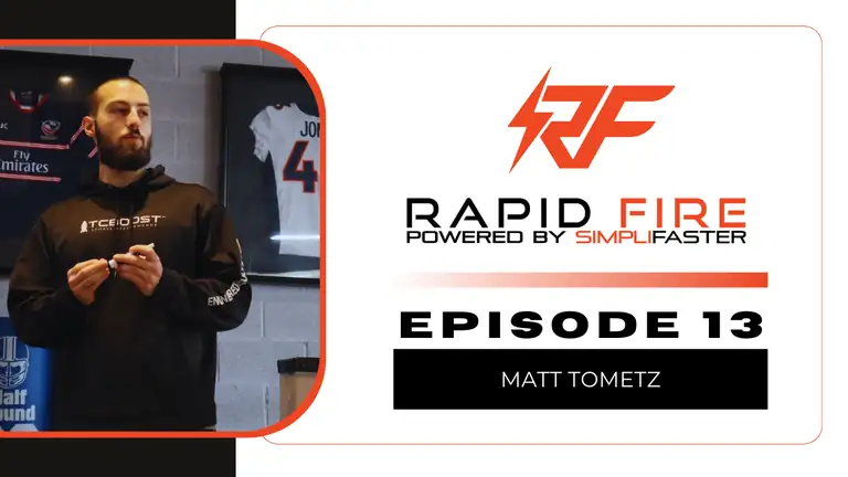 A man stands holding a marker in front of sports jerseys. To the right, the Rapid Fire Powered by SimpliFaster logo appears above the text Episode 13 Matt Tometz.