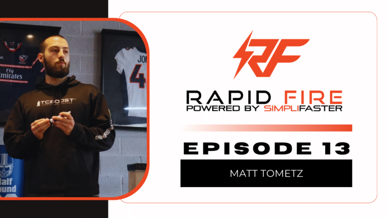 A man stands holding a marker in front of sports jerseys. To the right, the Rapid Fire Powered by SimpliFaster logo appears above the text Episode 13 Matt Tometz.