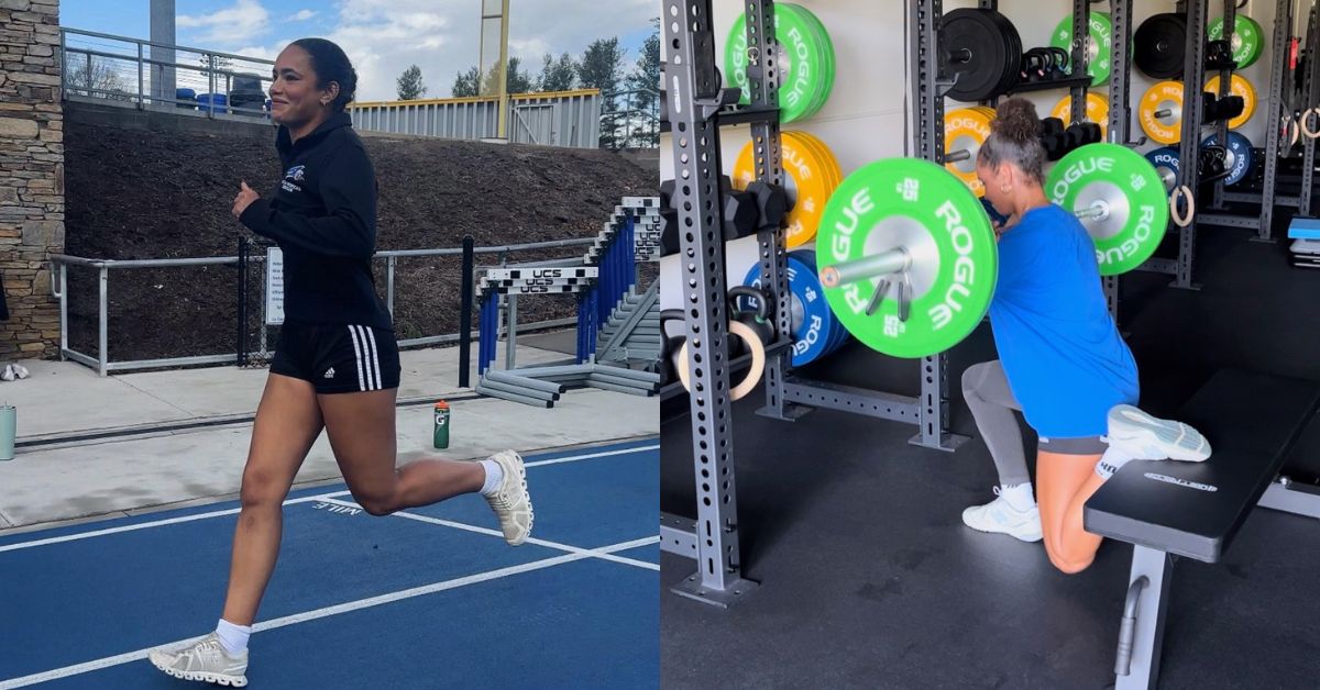 Split image: On the left, a woman runs on an outdoor track. On the right, she does a Bulgarian split squat with a barbell in a gym, one foot elevated behind her on a bench.