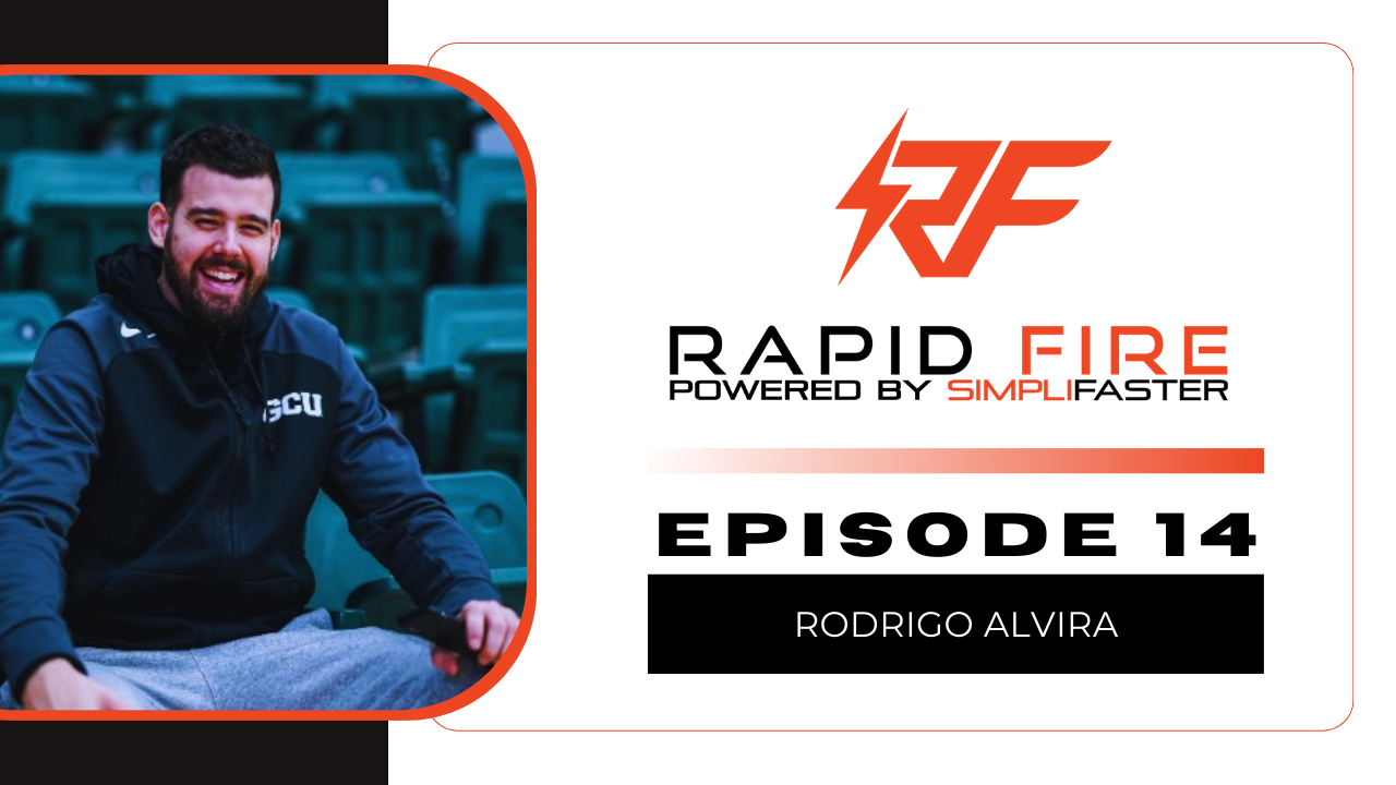 A bearded man in a tracksuit smiles while sitting in green stadium seats. Next to him is the Rapid Fire Powered by SimpliFaster logo, with Episode 14 and Rodrigo Alvira written below.