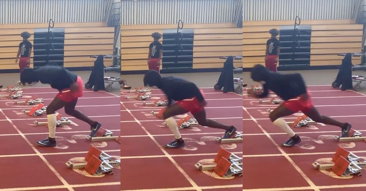 A series of three images shows a person in a black shirt and red shorts starting to sprint on an indoor track. The person is in various stages of the start