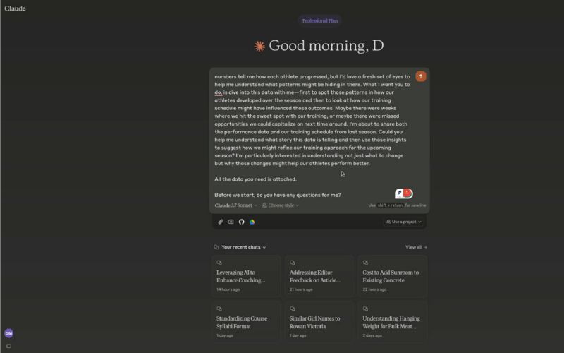 A screenshot of a professional plan dashboard showing a morning greeting, message about athlete progress, and data-driven insights. Theres a chat interface at the bottom with suggested topics like Leveraging AI and Addressing Editor Feedback.