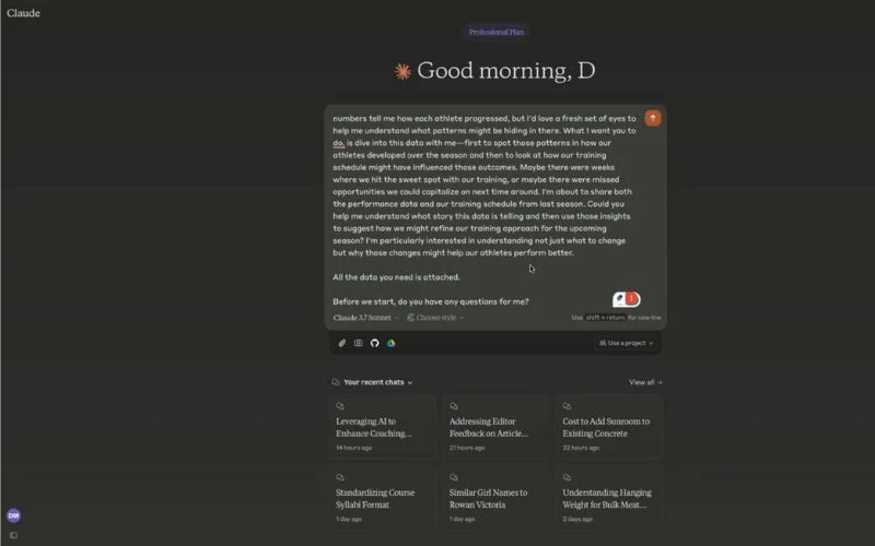 A screenshot of a professional plan dashboard showing a morning greeting, message about athlete progress, and data-driven insights. Theres a chat interface at the bottom with suggested topics like Leveraging AI and Addressing Editor Feedback.