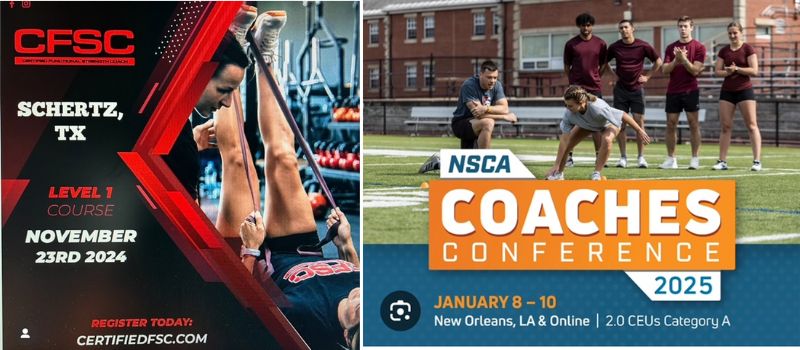 Left side: People exercising on a gym mat with text CFSC, Schertz, TX, Level 1 Course, November 23rd 2024. Right side: Group of coaches standing with text NSCA Coaches Conference, January 8-10, 2025, New Orleans, LA & Online, 2.0 CEUs Category A.