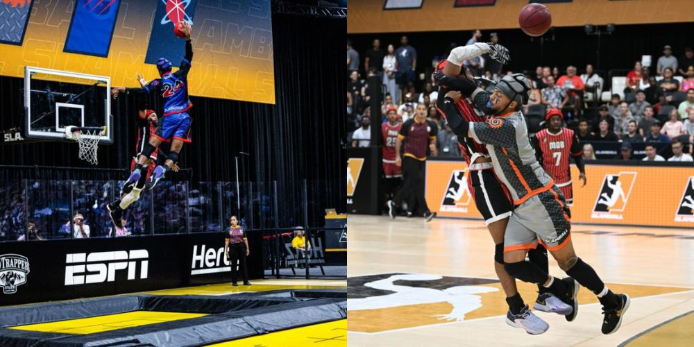 A SlamBall player in a blue uniform jumps high to score on a trampoline court, while on the right, two other players in gray and black uniforms compete for the ball during an intense game. The crowd watches in the background.