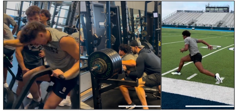 Three images: 1) Group of young men in a gym preparing for weightlifting. 2) A person lifting weights with a coachs assistance. 3) An athlete performing a sprint start on a football field.
