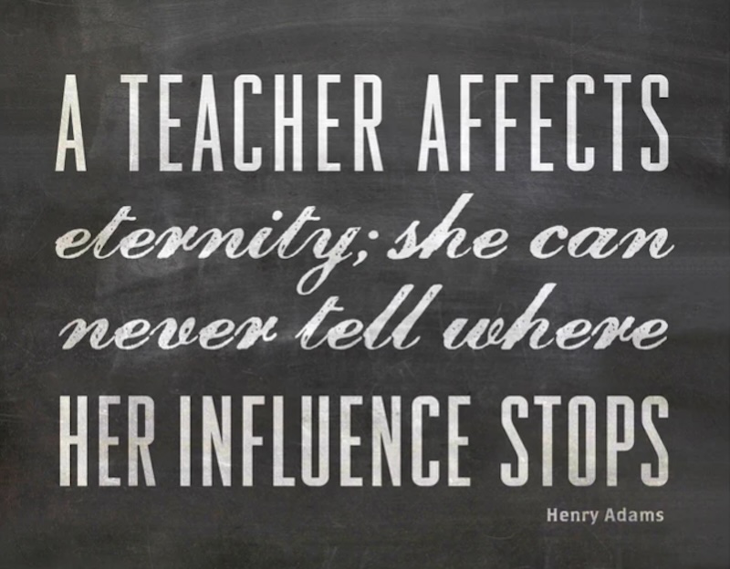 Chalkboard with a quote by Henry Adams: A teacher affects eternity; she can never tell where her influence stops. Text is in a mix of elegant cursive and bold uppercase fonts.