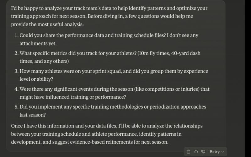 A text message with questions about track team performance. It inquires about data files, metrics tracked for various events, athlete grouping, significant events affecting performance, and training methodologies used.