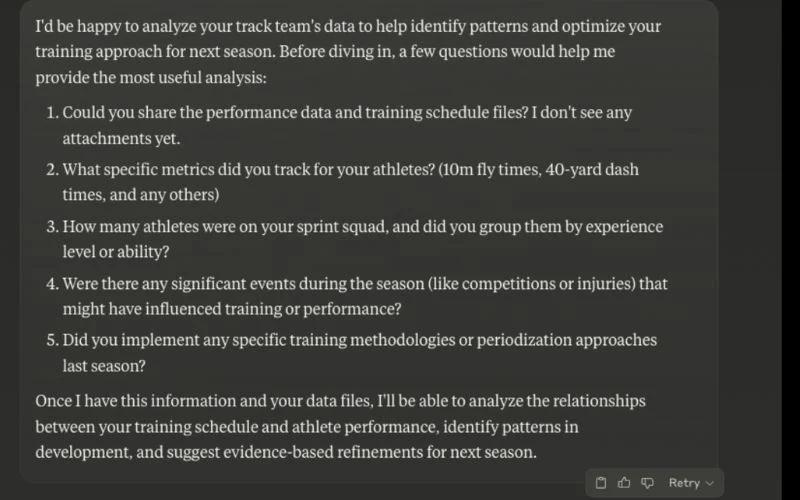 A text message with questions about track team performance. It inquires about data files, metrics tracked for various events, athlete grouping, significant events affecting performance, and training methodologies used.