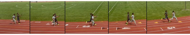 A sequential collage of two athletes running a relay race on a track. Each frame shows them passing the baton as they run alongside each other. The background features a green field.