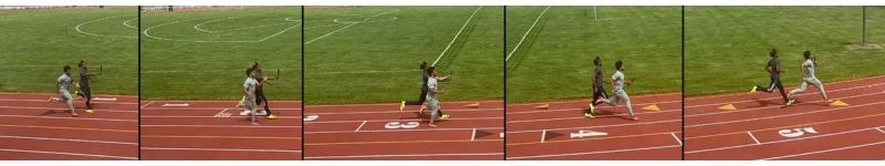 A sequential collage of two athletes running a relay race on a track. Each frame shows them passing the baton as they run alongside each other. The background features a green field.