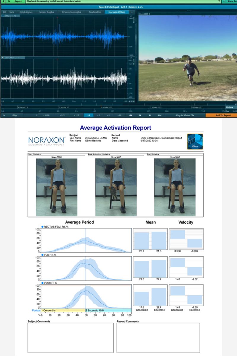 A screenshot shows a wave audio analysis and video of a person running (top), and below, a report with graphs, data tables, and three images of a person sitting and performing leg exercises.