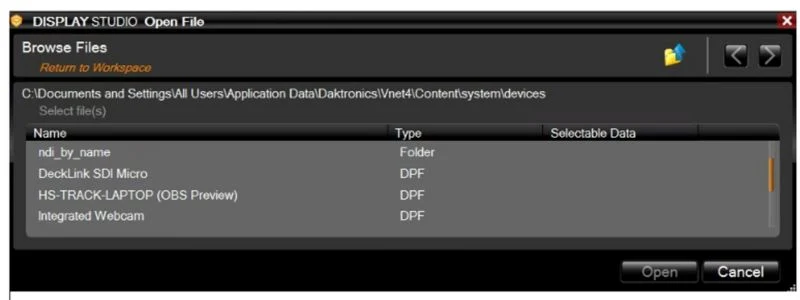 Screenshot of a DISPLAY.STUDIO file browser showing a directory path and four items: a folder named nd_by_name and three DPF files named DeckLink SDI Micro, HS-TRACK-LAPTOP (OBS Preview), and Integrated Webcam. Options are Cancel and Open.
