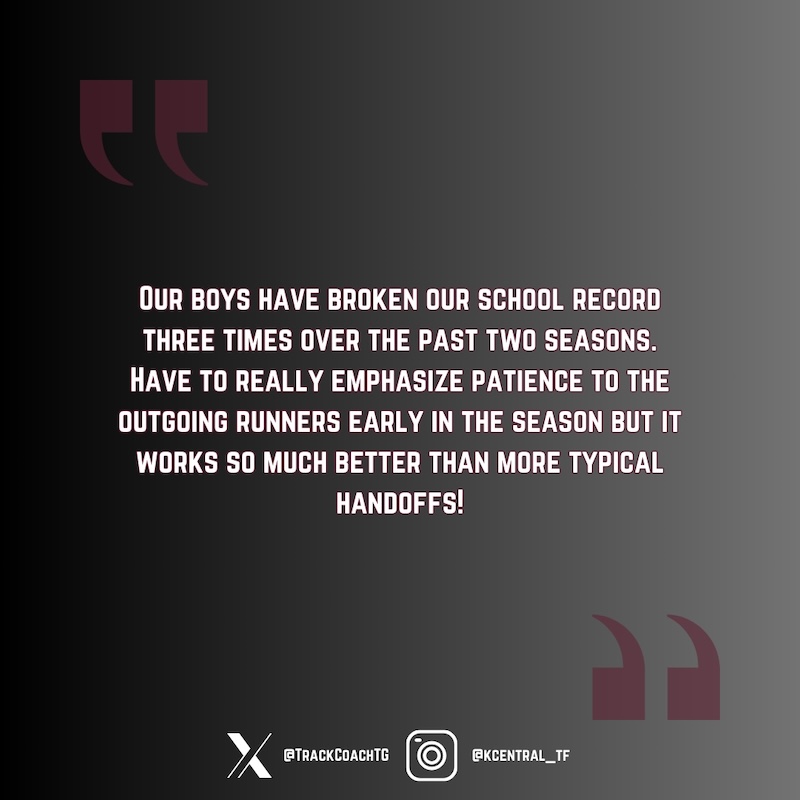 A motivational image featuring text on a dark background. The text discusses a track team breaking a school record three times, emphasizing patience with outgoing runners for improved handoffs. Social media icons are at the bottom.