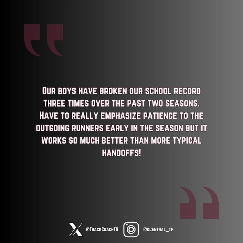 A motivational image featuring text on a dark background. The text discusses a track team breaking a school record three times, emphasizing patience with outgoing runners for improved handoffs. Social media icons are at the bottom.