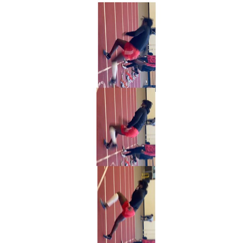 A series of three images depicts a person in black and red athletic gear kicking a soccer ball on an indoor track. The person is captured in different stages of the kicking motion.