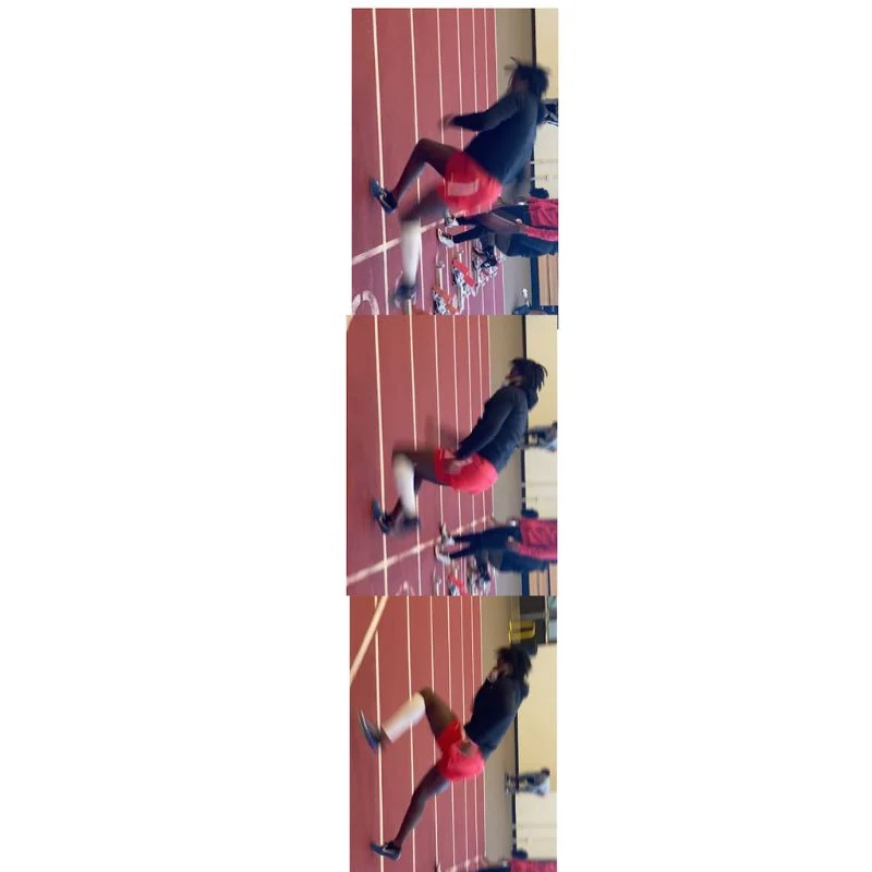 A series of three images depicts a person in black and red athletic gear kicking a soccer ball on an indoor track. The person is captured in different stages of the kicking motion.