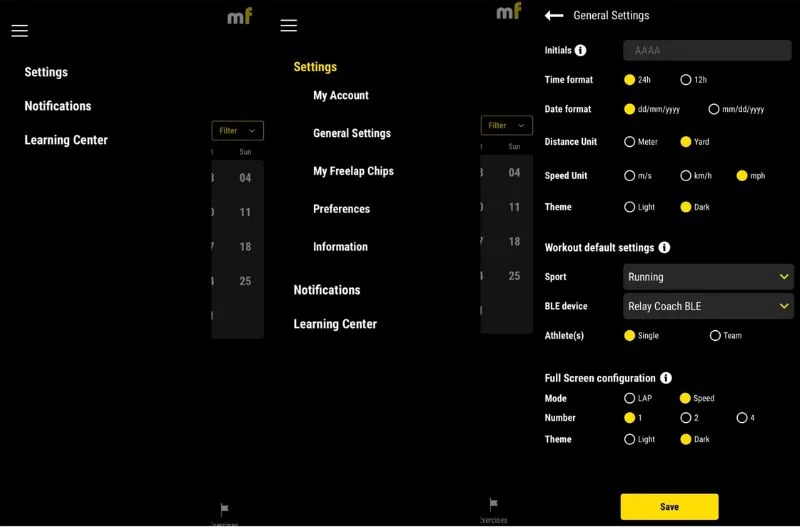 Split-screen image showing two settings menus on a black background. The left menu lists options: Settings, Notifications, Learning Center. The right menu includes General Settings like time format, date format, units, and theme options, with a Save button.