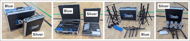 Multiple images display silver and blue Dash-branded cases on a gym floor. The cases are open, revealing various black tripods and equipment inside. Some stands are assembled beside the cases.