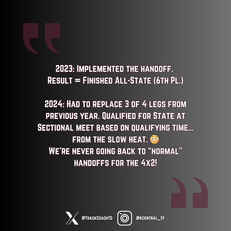 A motivational quote about track success in 2023 and 2024. Emphasizes implementing handoffs, finishing All-State, and qualifying from the slow heat. Includes shocked emoji and social media handles at the bottom. Background is a gradient with dark tones.