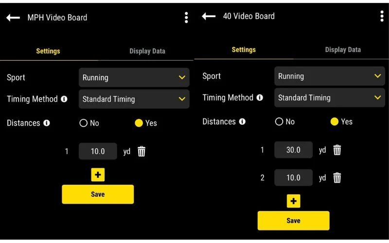 Screenshot of an app interface with sections MPH Video Board and 40 Video Board. It displays options for setting Sport, Timing Method, and Distances. Selections include Running, Standard Timing, and distance values. Save buttons are present.