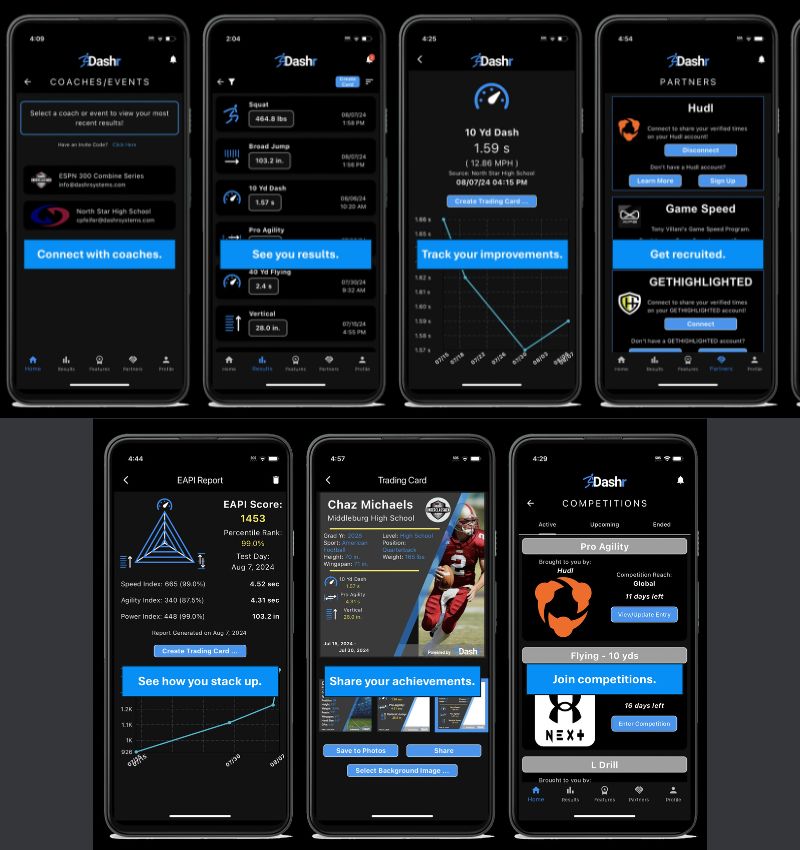 A collage of smartphone screens showing the Dashr app interface. Screens display features like connecting with coaches, tracking improvements, viewing results, sharing achievements, and joining competitions. Diagrams and performance metrics are visible.