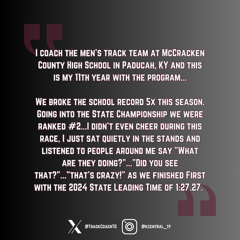 A text post from a coach describing their track teams achievements. Theyve coached for 11 years, broke the school record five times, and finished first in a race with a leading time of 1:27.27, ending with excitement from spectators.