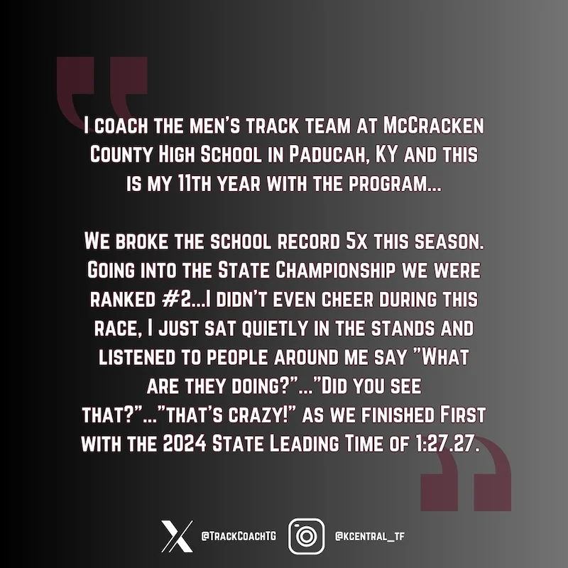 A text post from a coach describing their track teams achievements. Theyve coached for 11 years, broke the school record five times, and finished first in a race with a leading time of 1:27.27, ending with excitement from spectators.